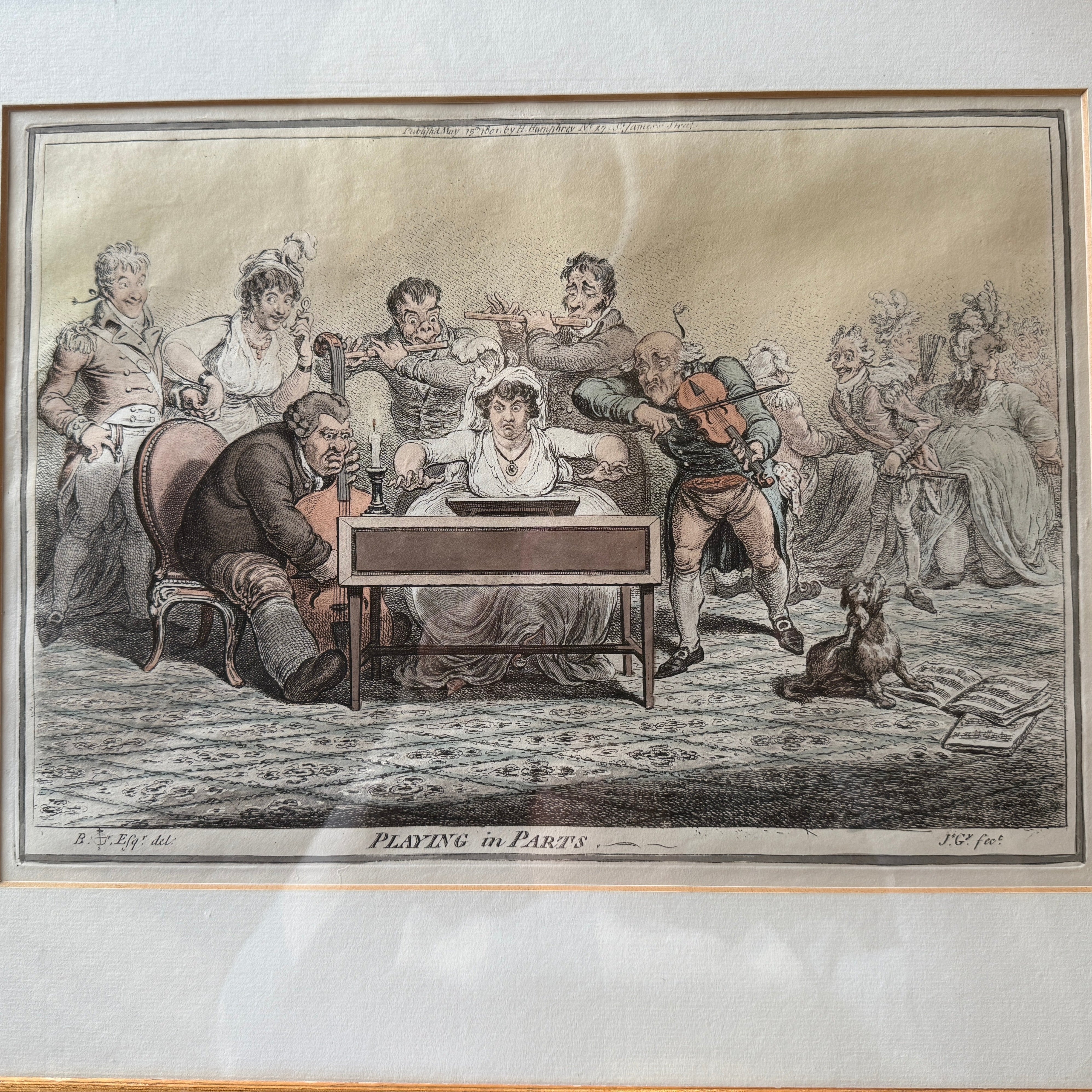 Handcoloured etching and aquatint of "Playing in Parts" by James Gillray after Brownlow North (London 1801) 