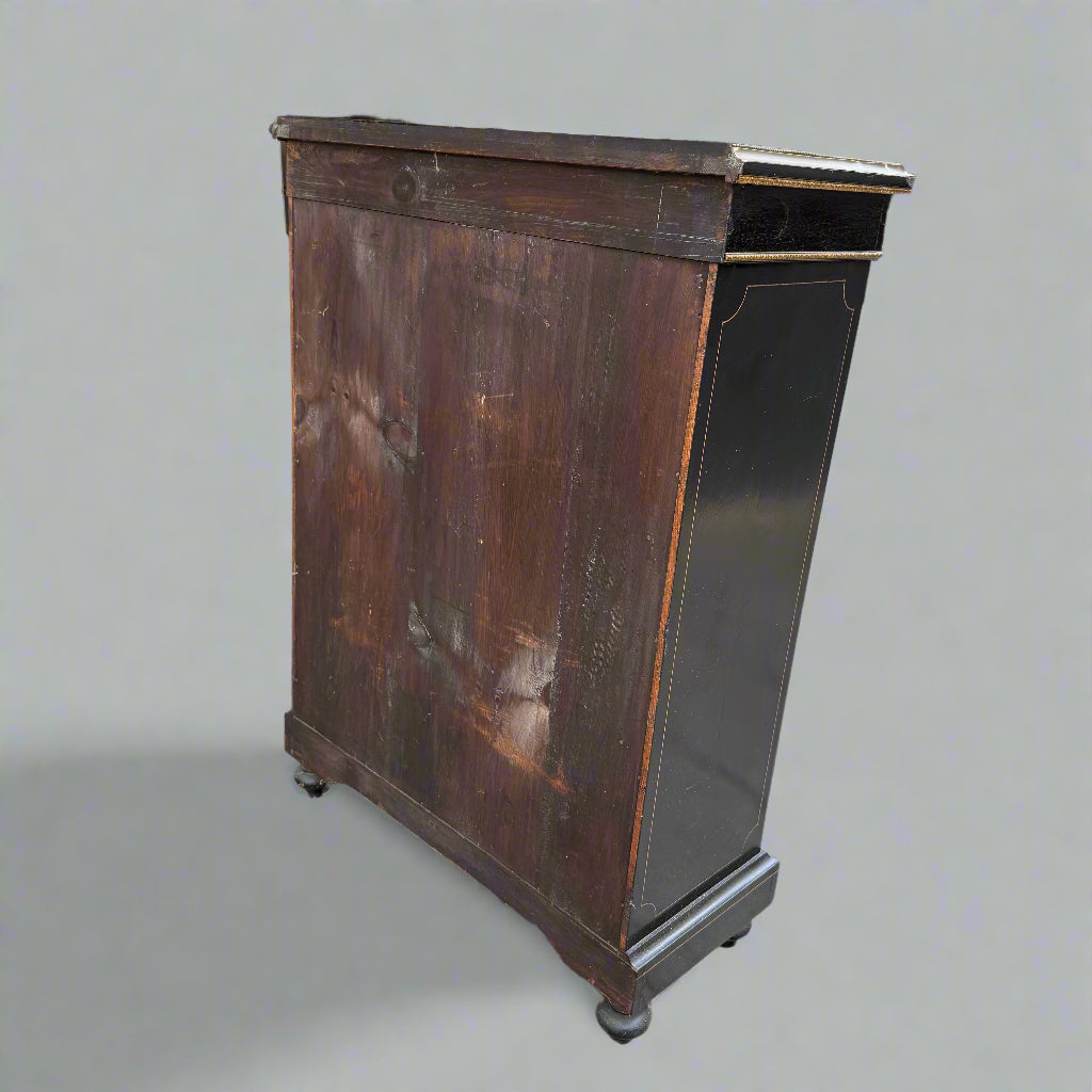 Victorian ebonised and gilt metal mounted pier cabinet with porcelain floral plaque 
