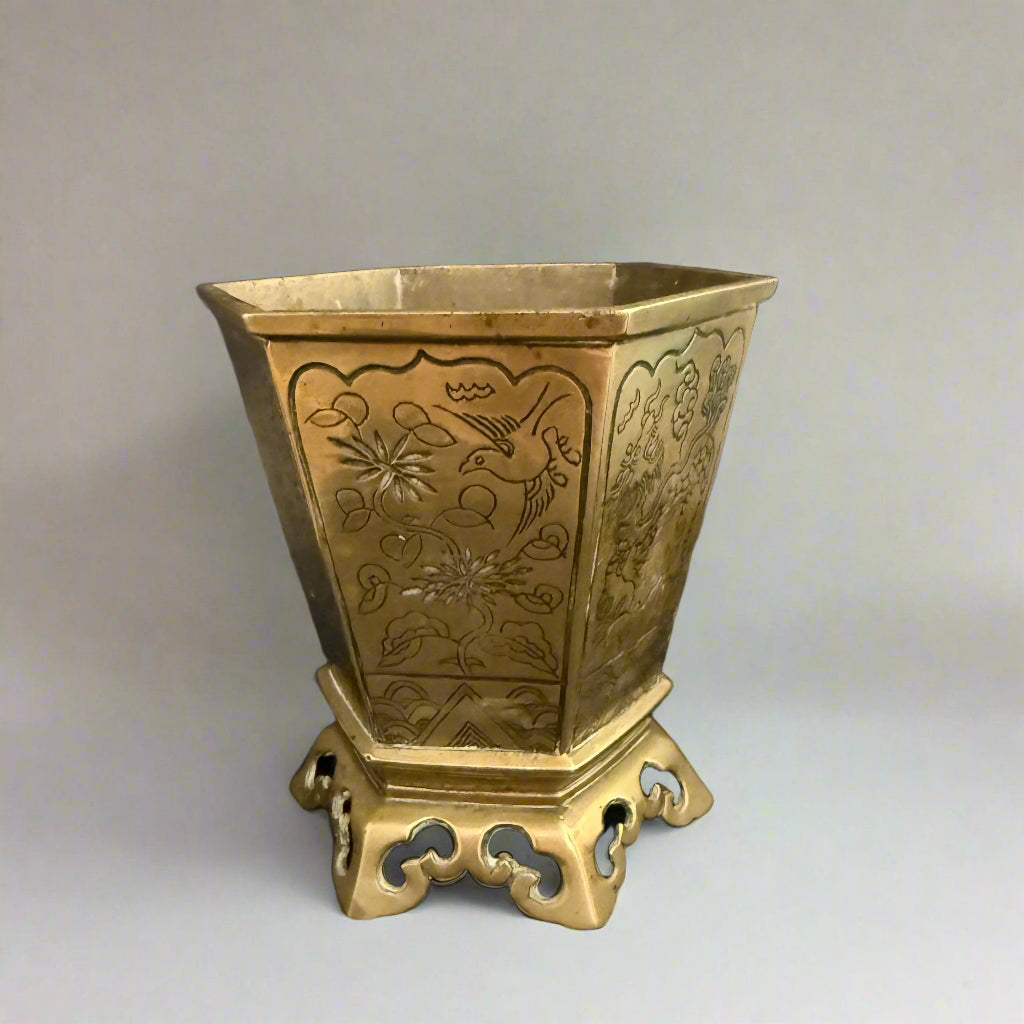 Chinese hexagonal bronze planter, with engraved panels 
