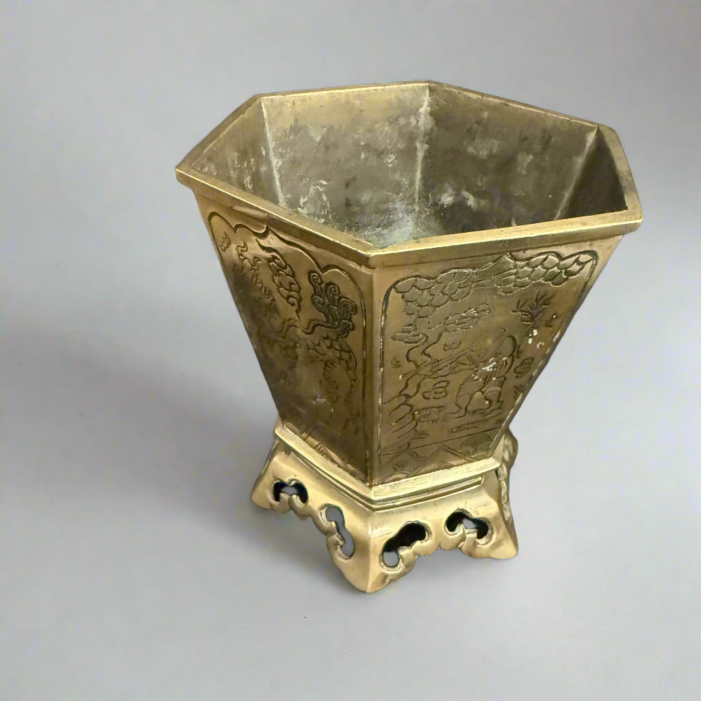 Chinese hexagonal bronze planter, with engraved panels 