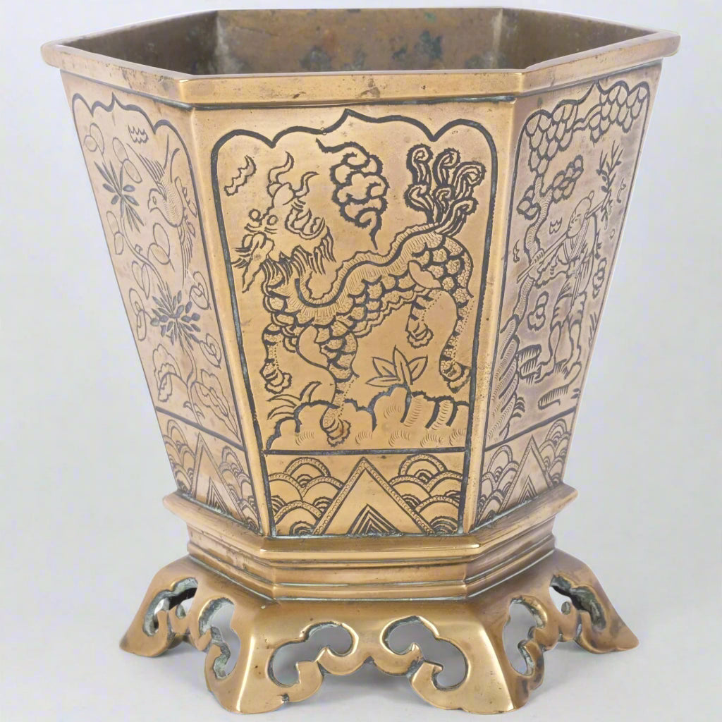 Chinese hexagonal bronze planter, with engraved panels 
