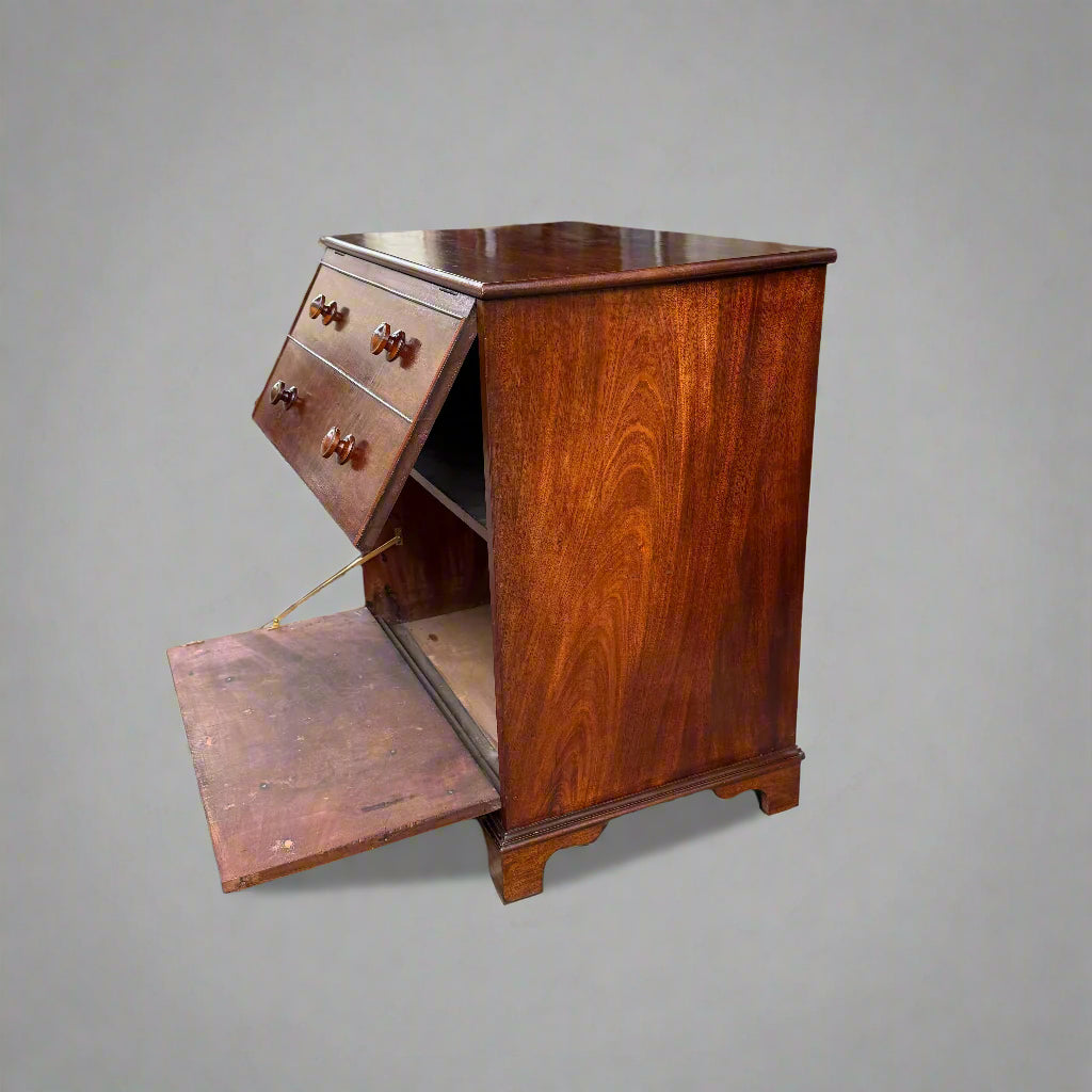 Early 20th century small mahogany cupboard in the form of a four-drawer chest with drop down and lift up doors