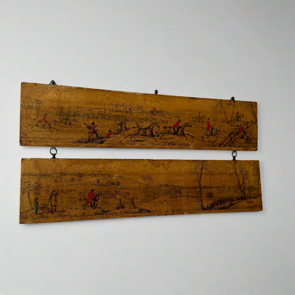 Unique colourful hunting scene painted on polished pine