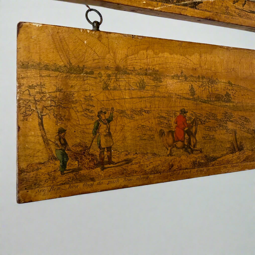 Unique colourful hunting scene painted on polished pine