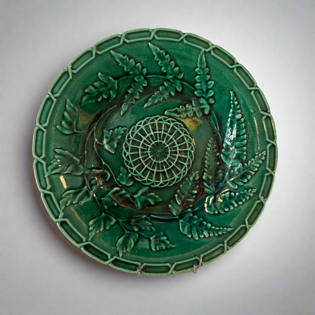 Majolica fern leaf plates made by Hope and Carter in Burslem, Staffordshire circa 1880