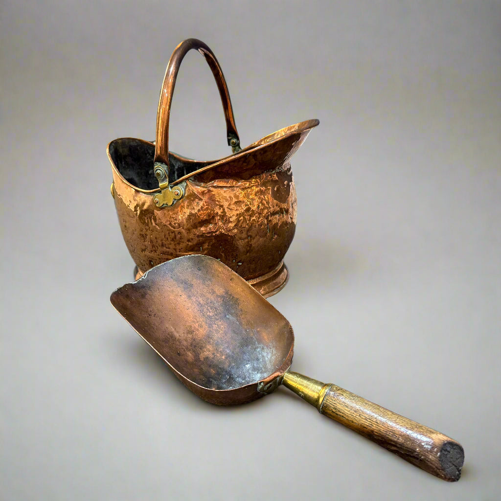 Vintage copper and brass coal scuttle with brass, copper & ash scoop
