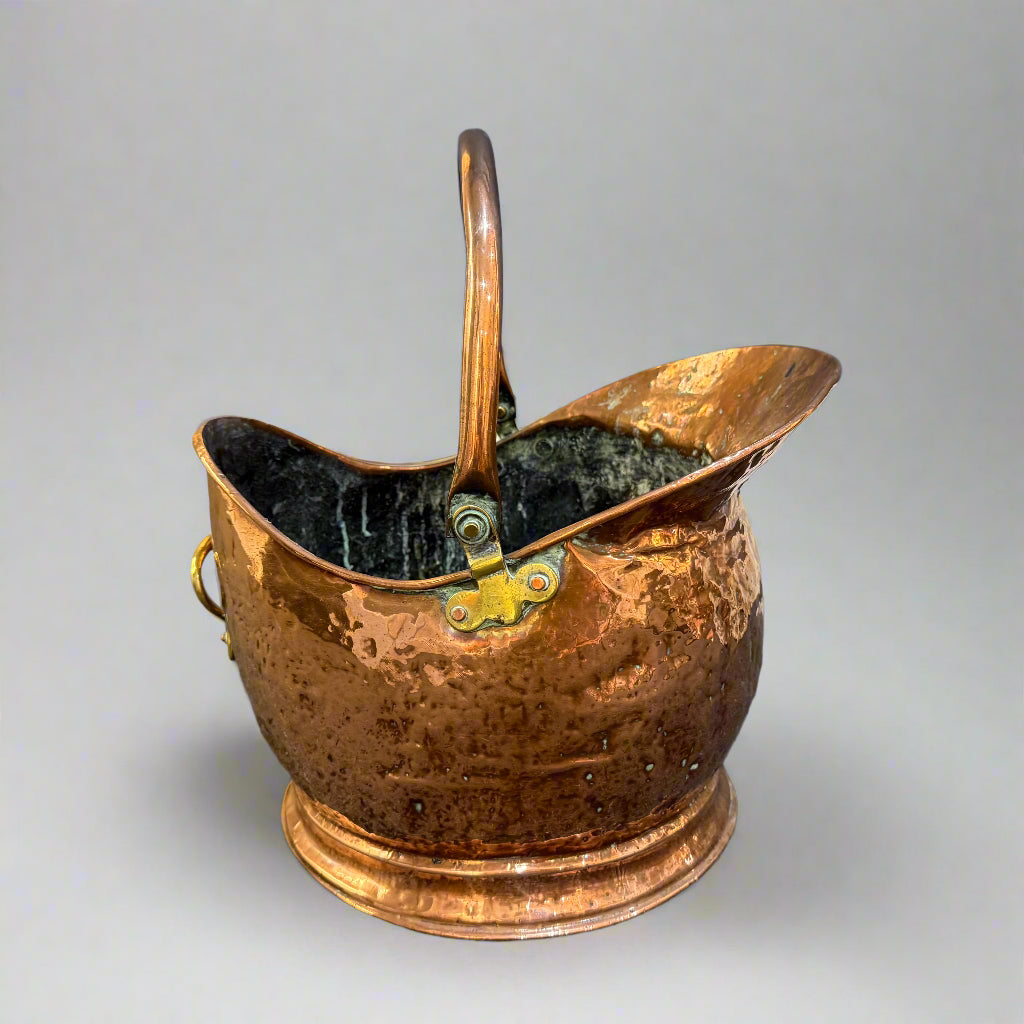 Vintage copper and brass coal scuttle with brass, copper & ash scoop