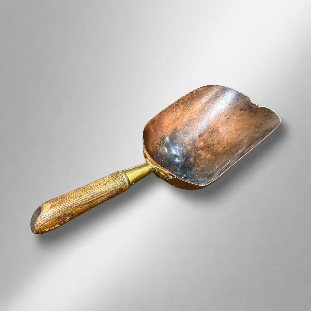 Vintage copper and brass coal scuttle with brass, copper & ash scoop