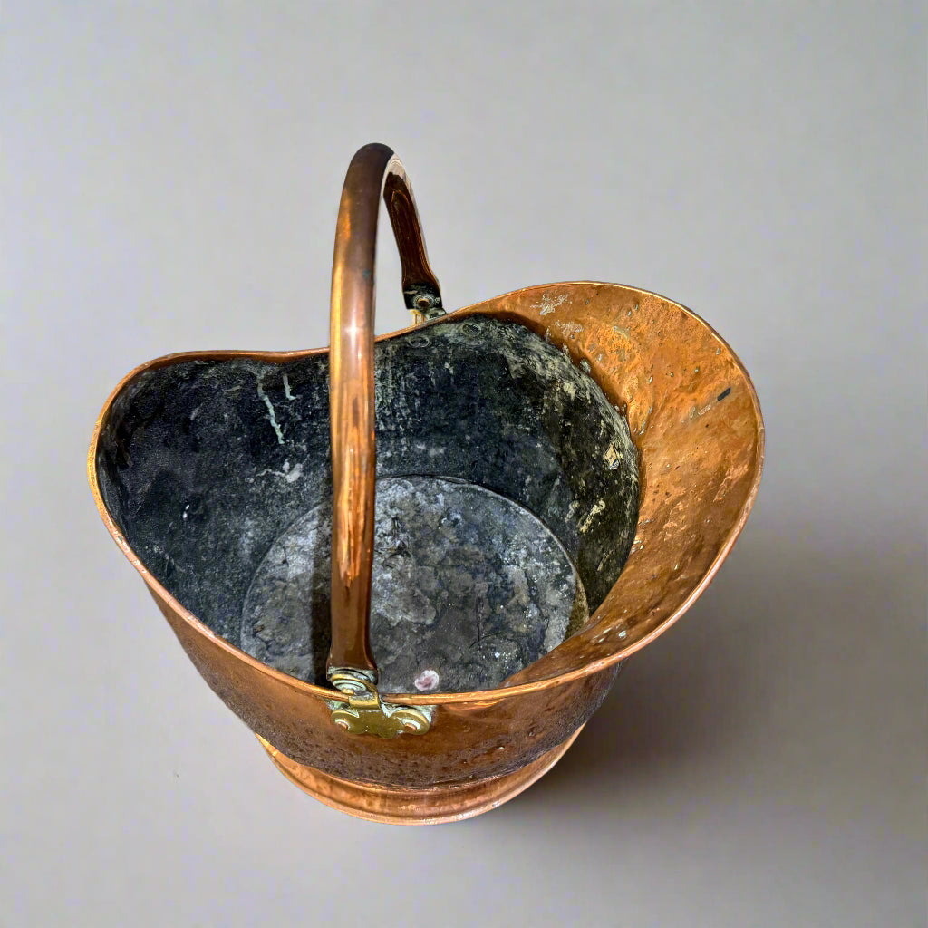 Vintage copper and brass coal scuttle with brass, copper & ash scoop
