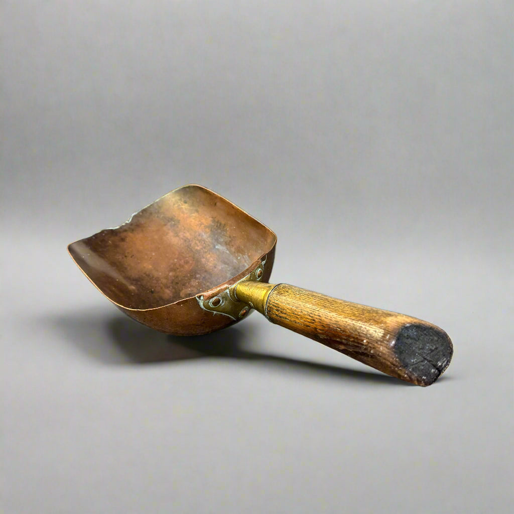 Vintage copper and brass coal scuttle with brass, copper & ash scoop