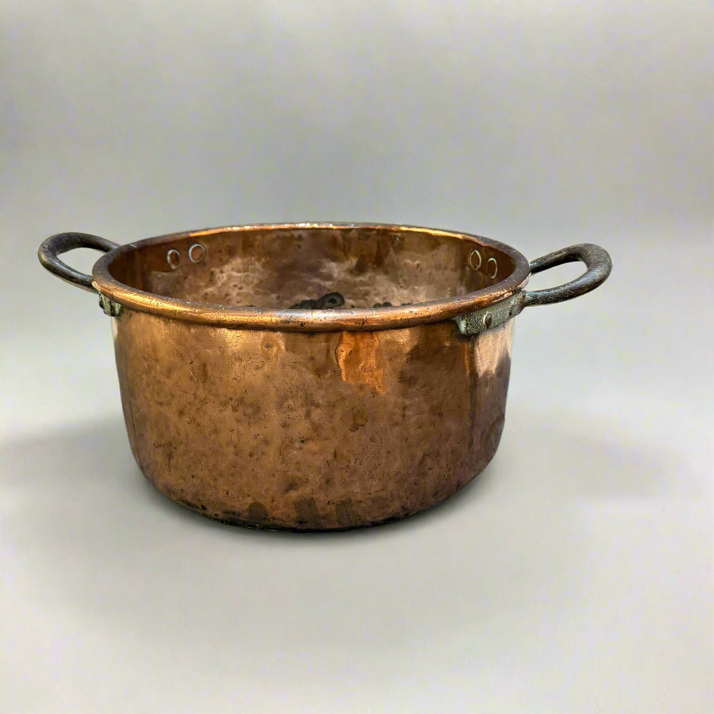 19th century two-handled copper and iron cooking 