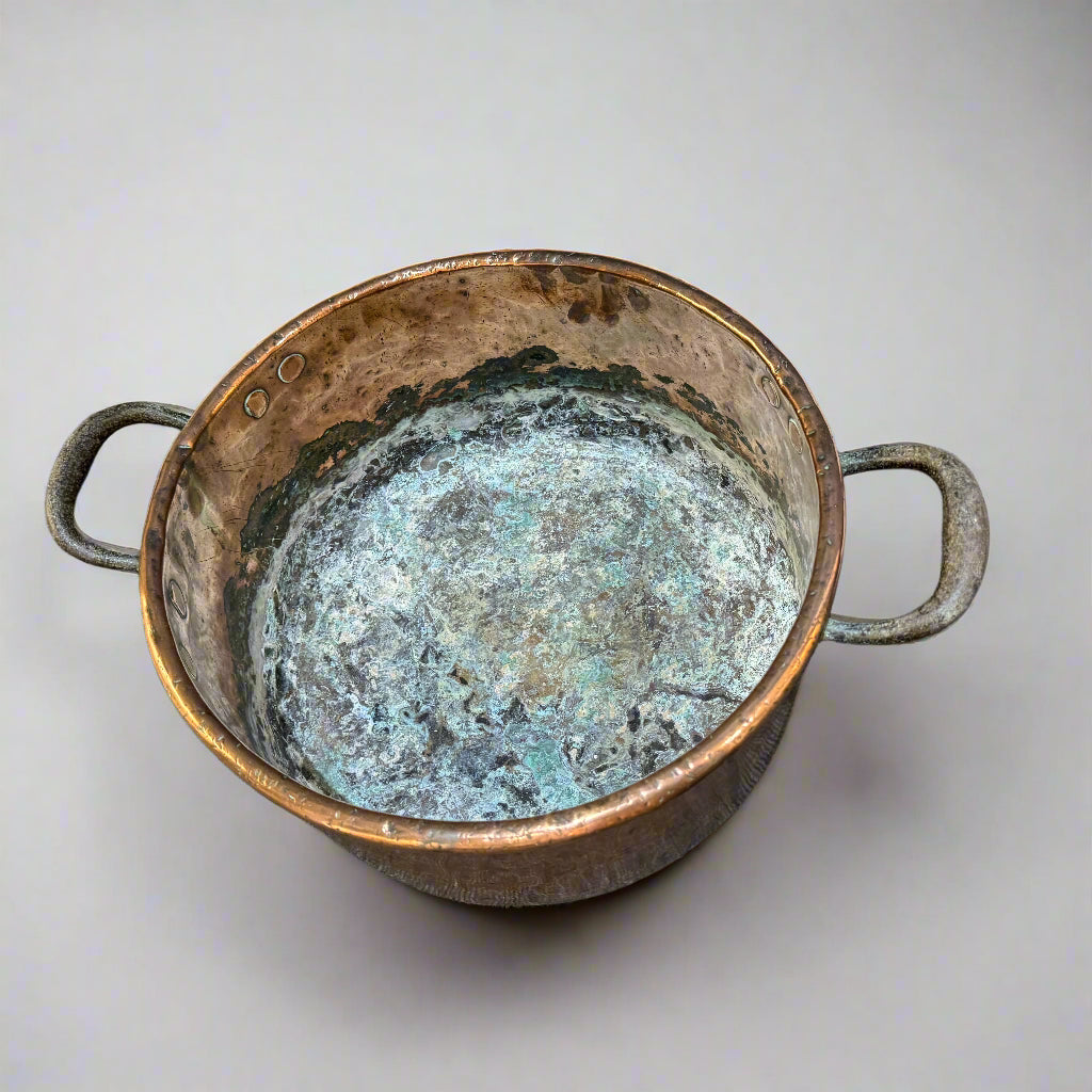 19th century two-handled copper and iron cooking 
