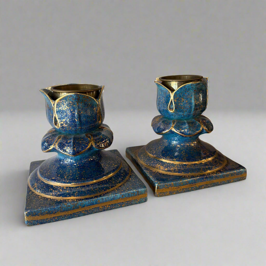 Pair of blue & gold candlesticks designed by Christian Dior circa 1960