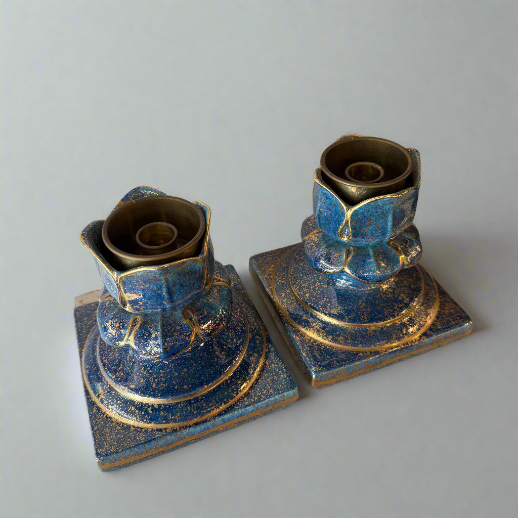 Pair of blue & gold candlesticks designed by Christian Dior circa 1960