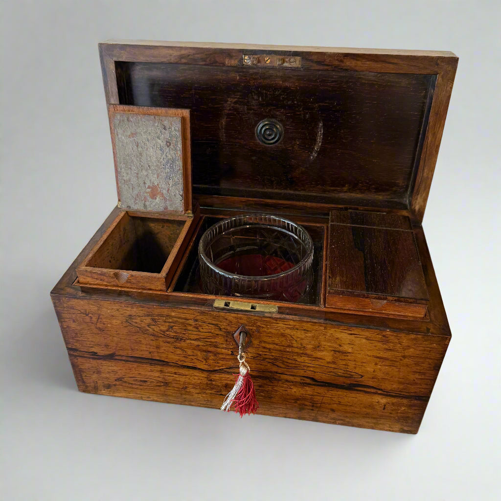 George III rosewood tea double tea caddy for black and green tea with mixing bowl & key
