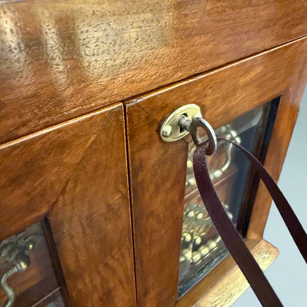 Walnut drop front jewellery box circa 1880 with original lining, key, bevelled glass