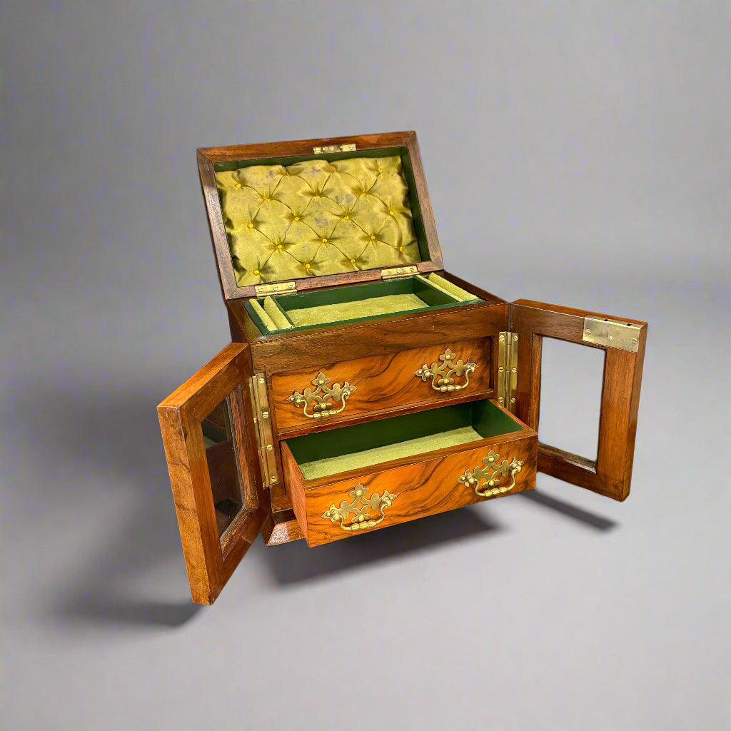 Walnut drop front jewellery box circa 1880 with original lining, key, bevelled glass