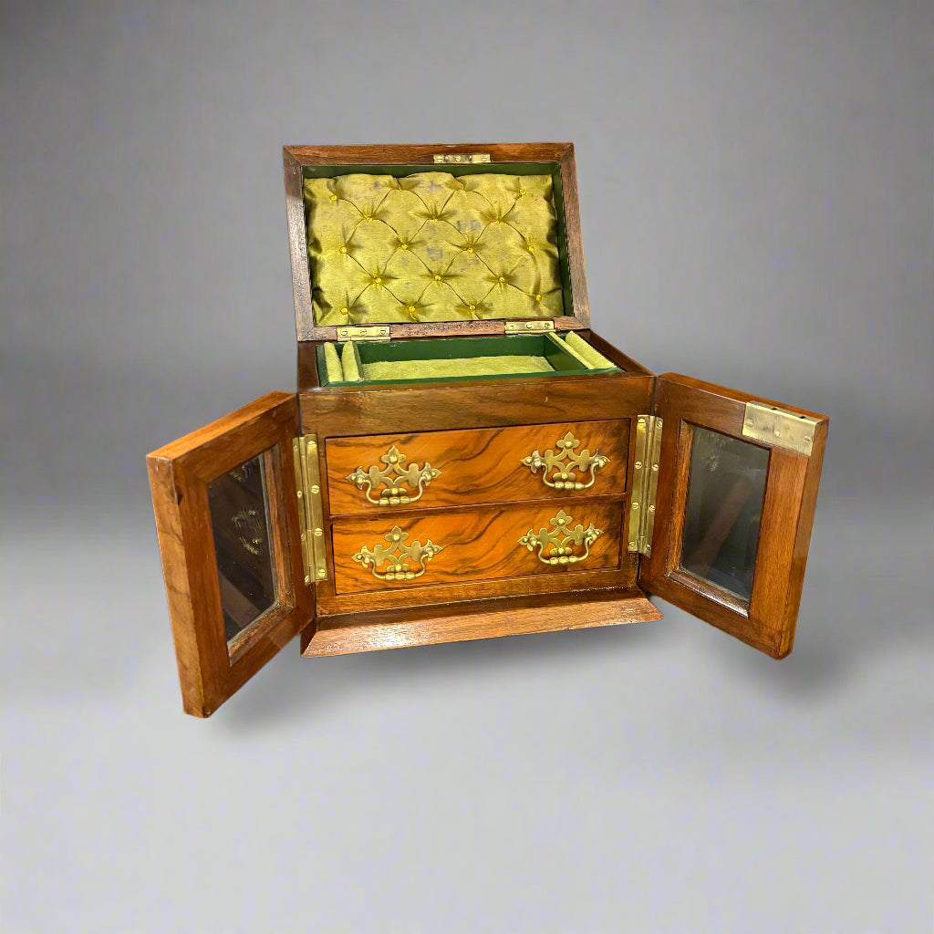 Walnut drop front jewellery box circa 1880 with original lining, key, bevelled glass