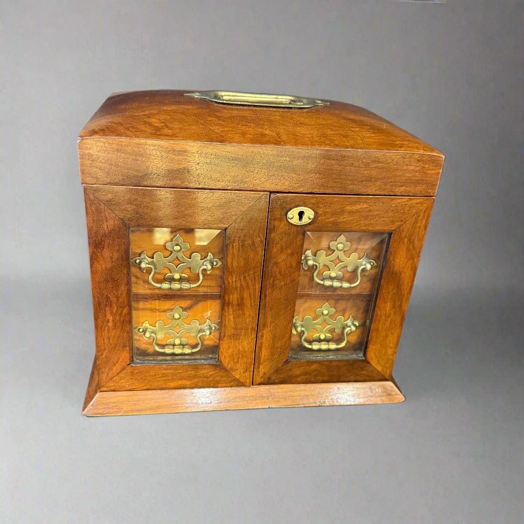 Walnut drop front jewellery box circa 1880 with original lining, key, bevelled glass
