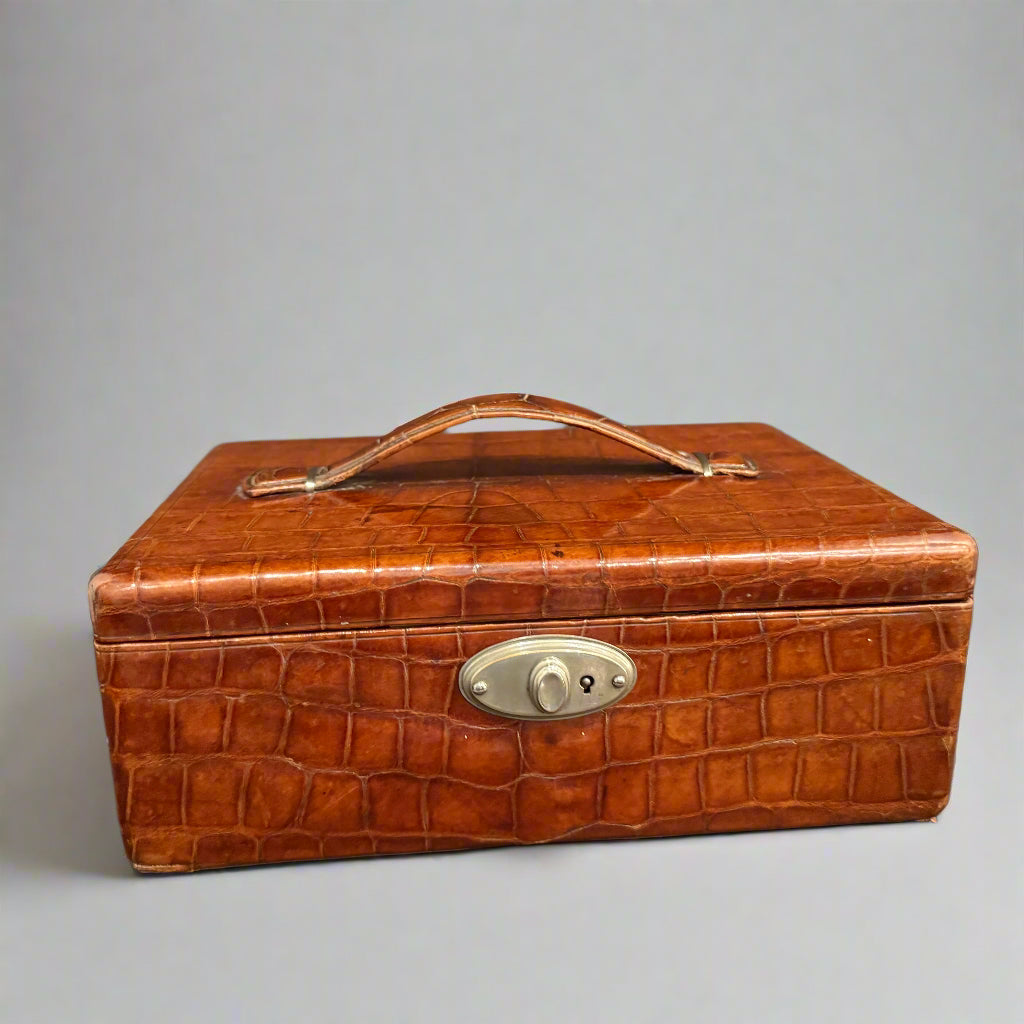 Early 20th century crocodile skin jewellery box with owner's signature from 1909
