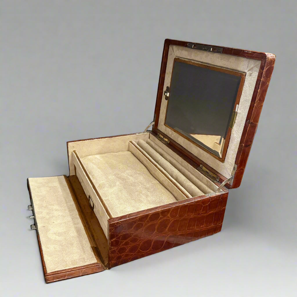 Early 20th century crocodile skin jewellery box with owner's signature from 1909