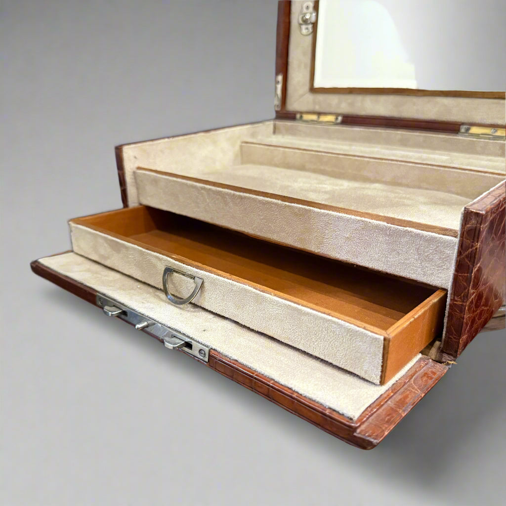 Early 20th century crocodile skin jewellery box with owner's signature from 1909