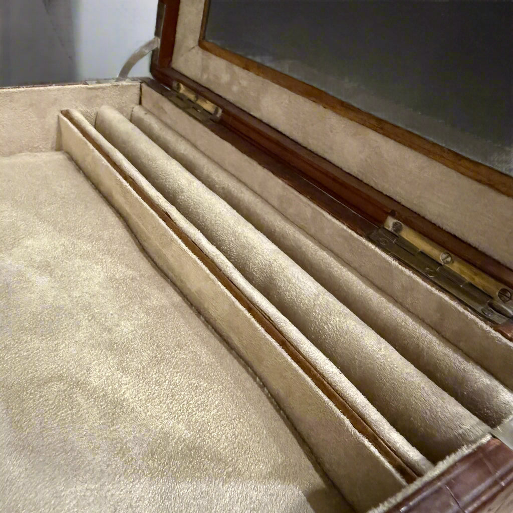 Early 20th century crocodile skin jewellery box with owner's signature from 1909