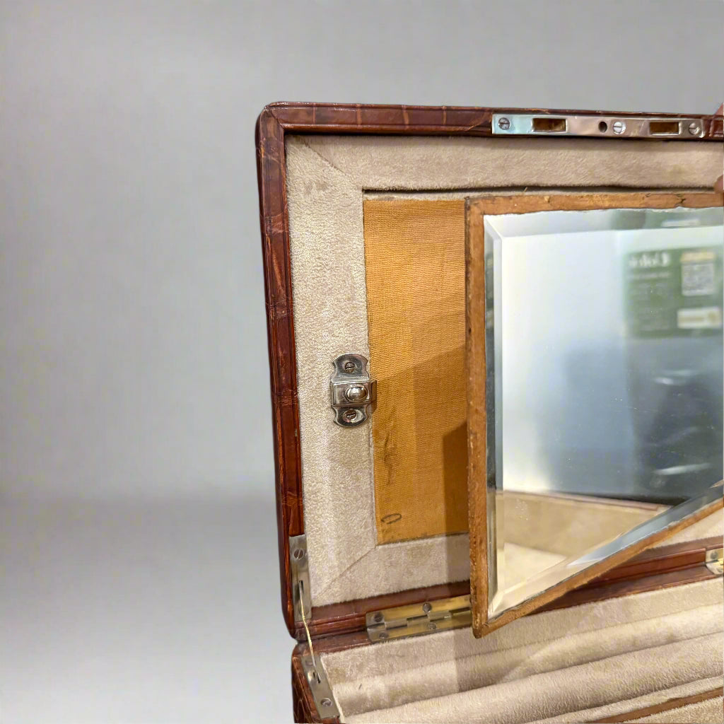 Early 20th century crocodile skin jewellery box with owner's signature from 1909