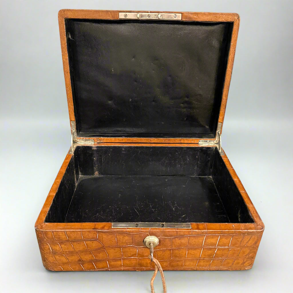 Late Victorian century crocodile skin jewellery box with Brahma key and lock