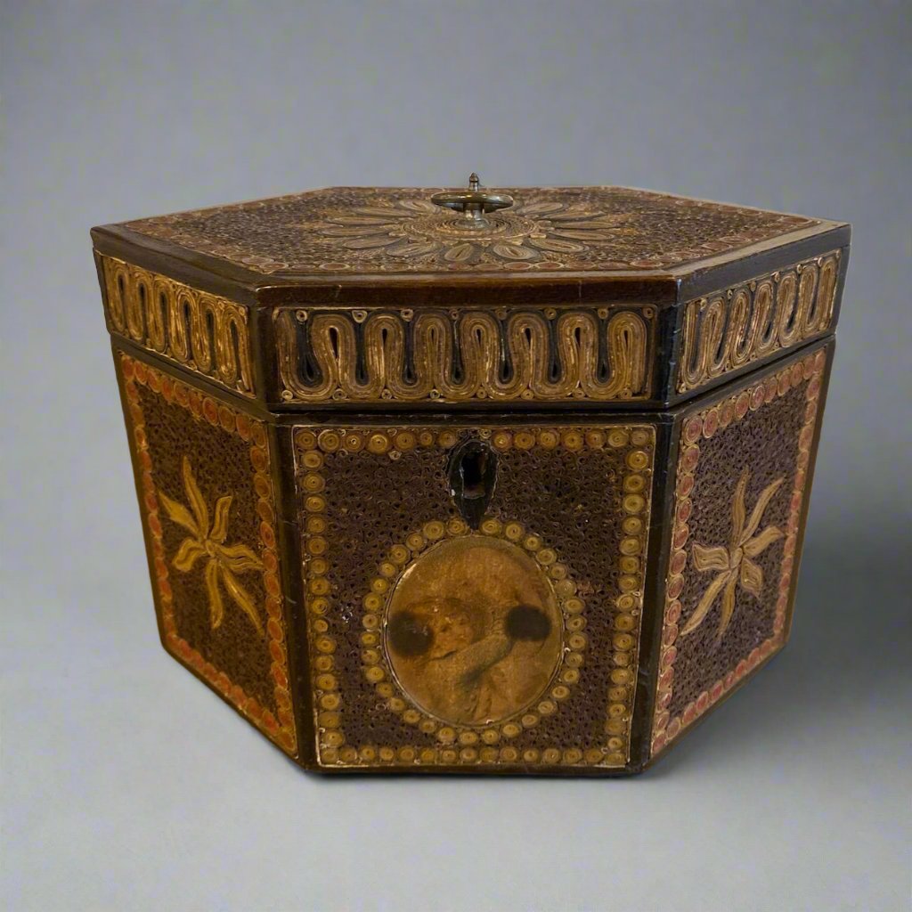 antique paper scroll tea caddy