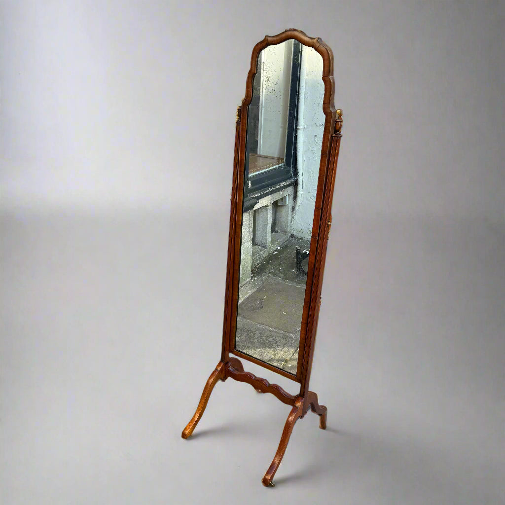 Late 19th century walnut cheval mirror in the Queen Anne style 