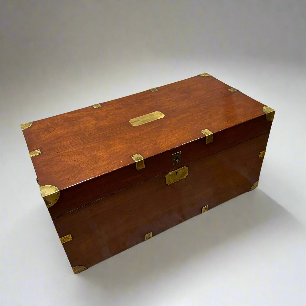 Campaign-style brass bound hardwood chest, with hinged top