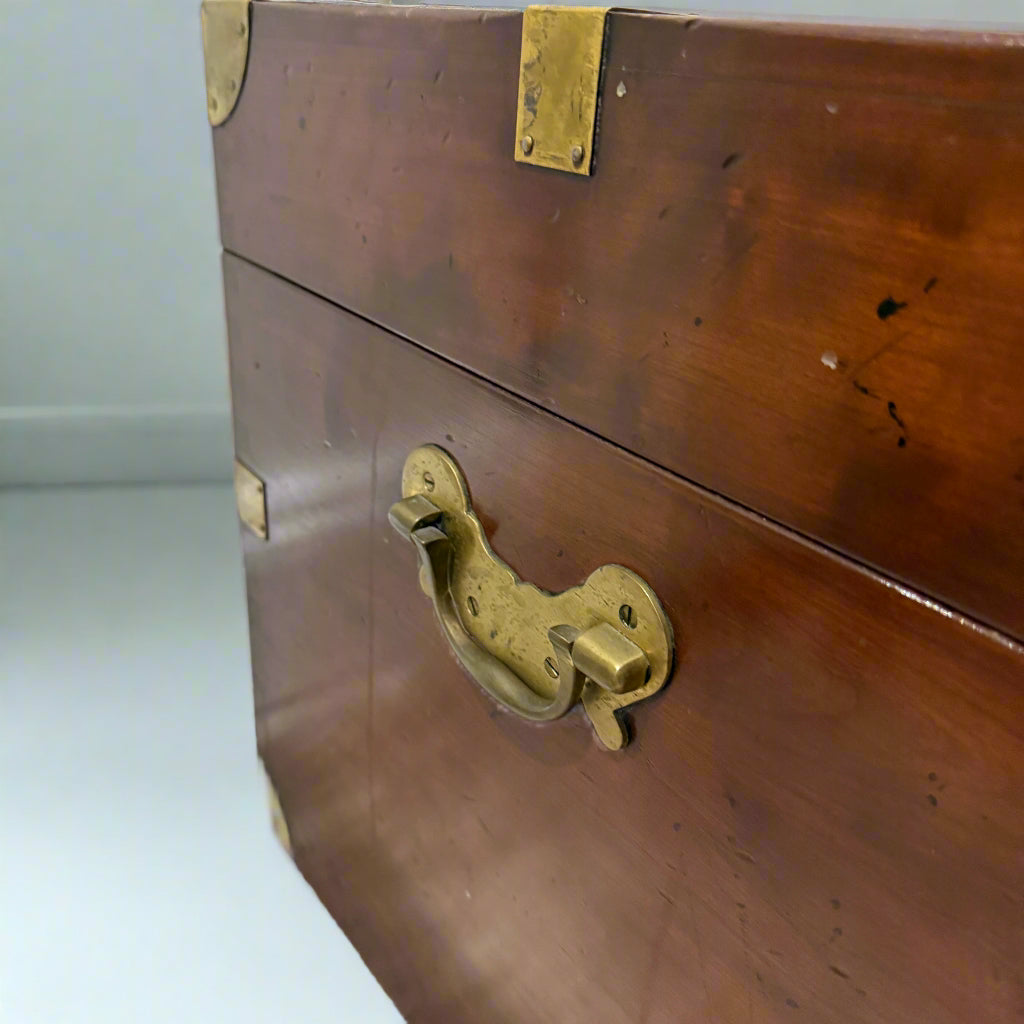 Campaign-style brass bound hardwood chest, with hinged top