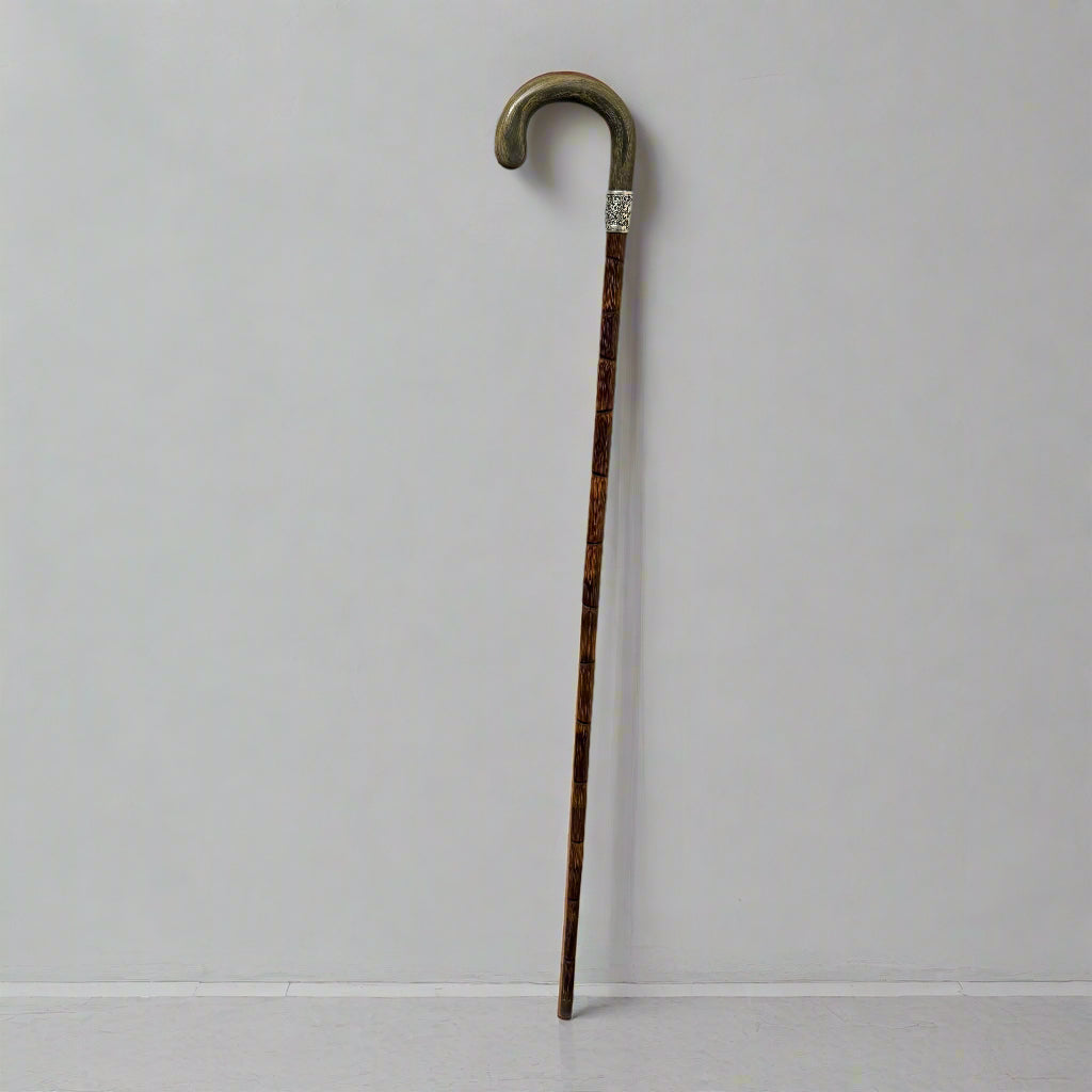 Horn and silver topped walking cane with faux bamboo circa 1900