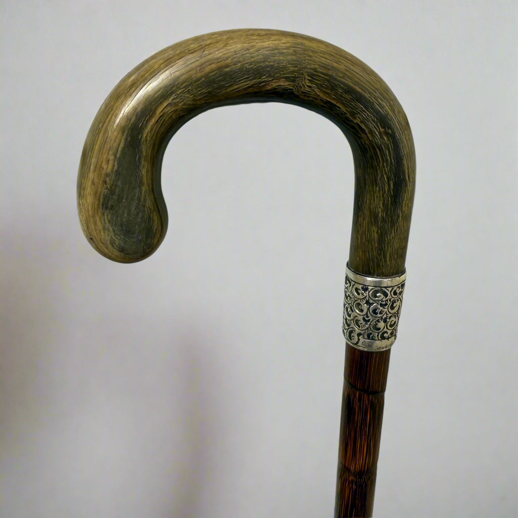 Horn and silver topped walking cane with faux bamboo circa 1900