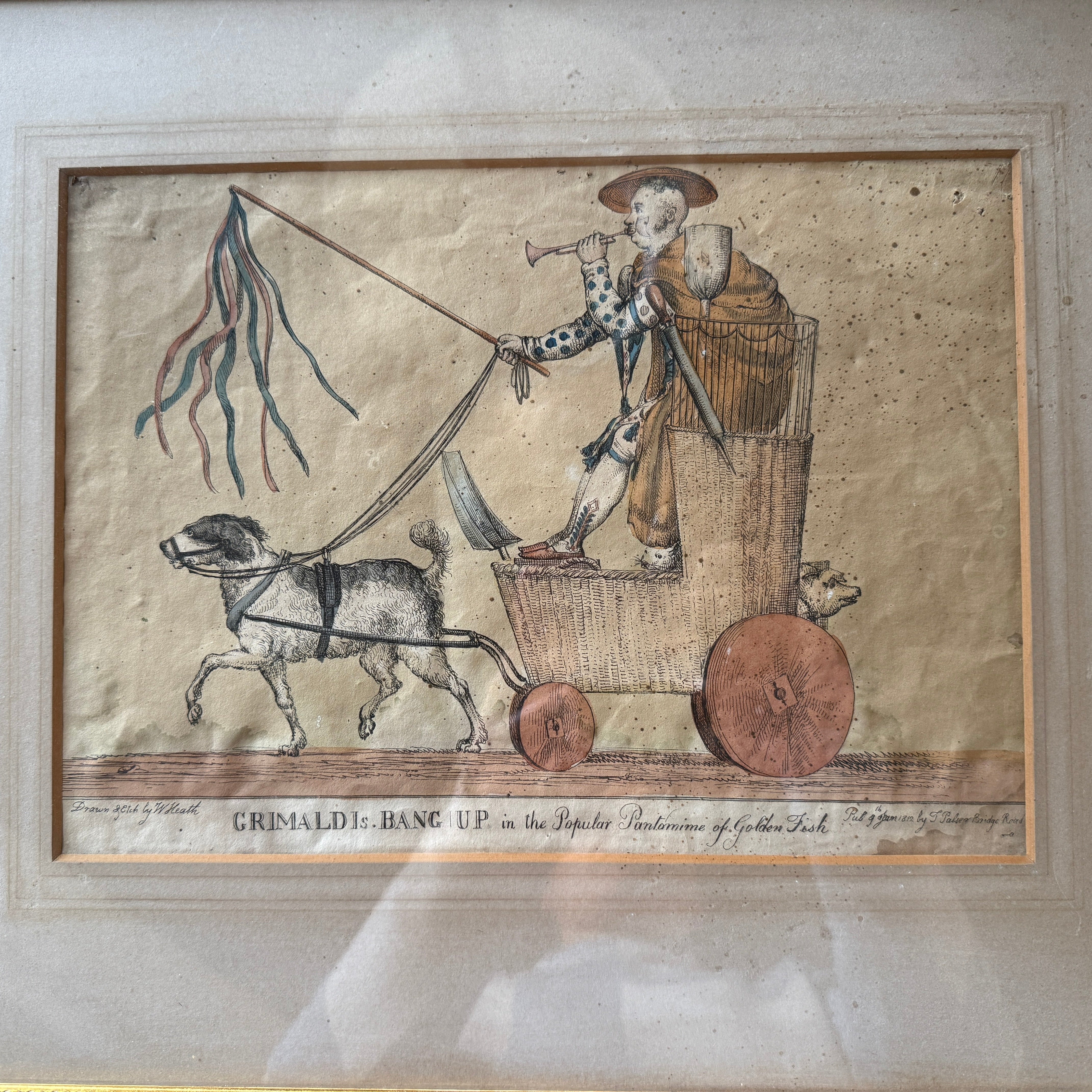 Handcoloured illustration of "Grimaldi Bang Up" depicting the famous clown Joseph Grimaldi circa 1830