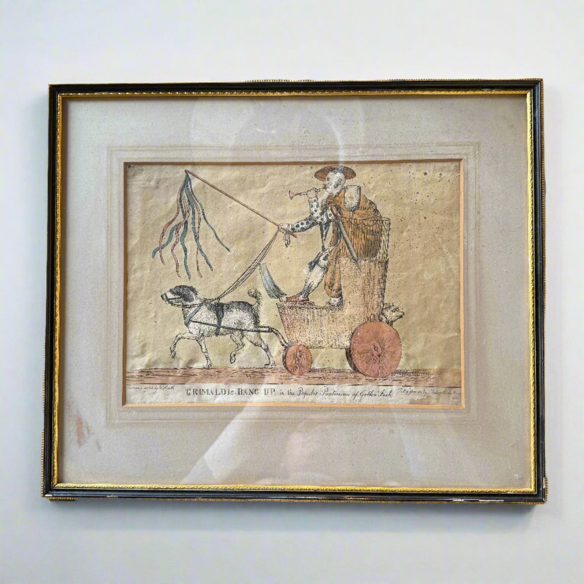 Handcoloured illustration of "Grimaldi Bang Up" depicting the famous clown Joseph Grimaldi circa 1830