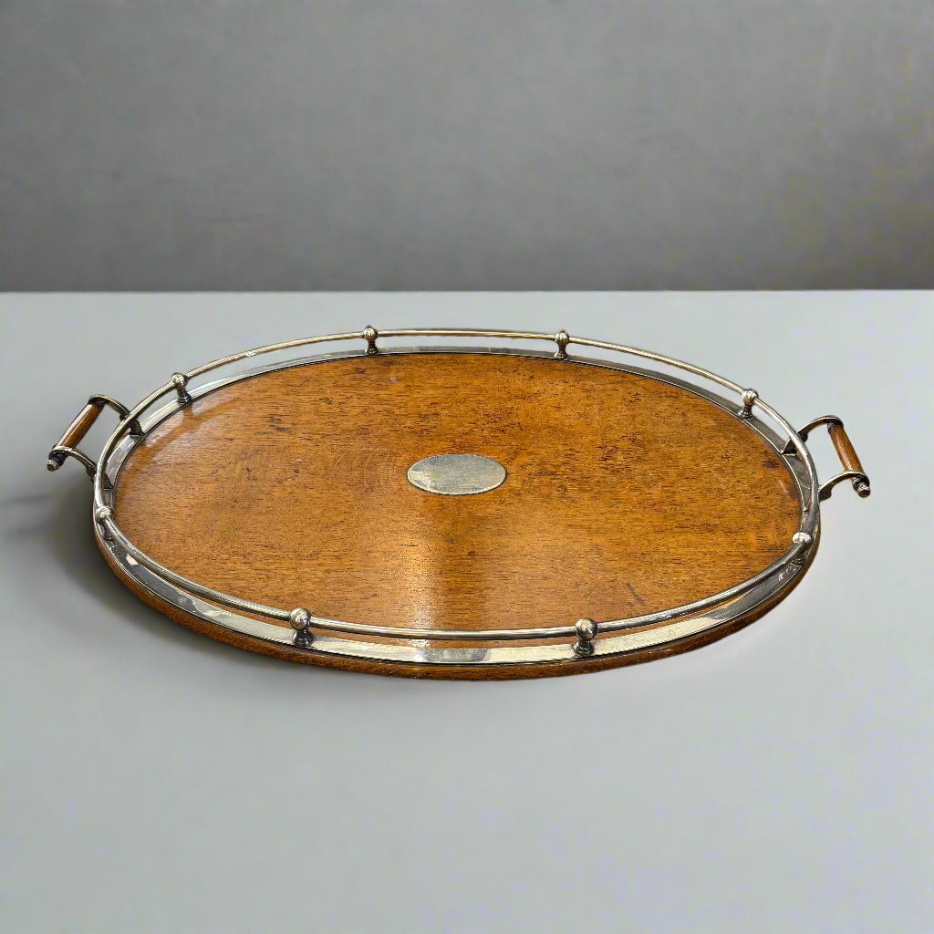 Large oak tray with silver plated gallery