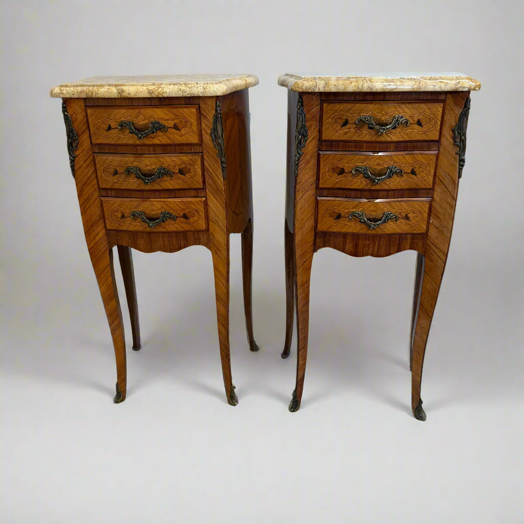 Small pair of French kingwood ormolu marble topped bedside tables with drawers and marble top circa 1920