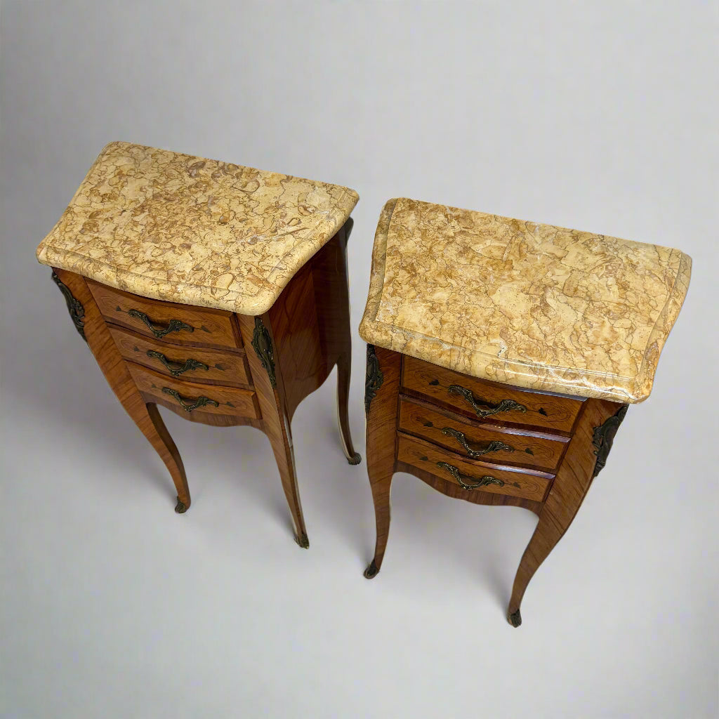 Small pair of French kingwood ormolu marble topped bedside tables with drawers and marble top circa 1920
