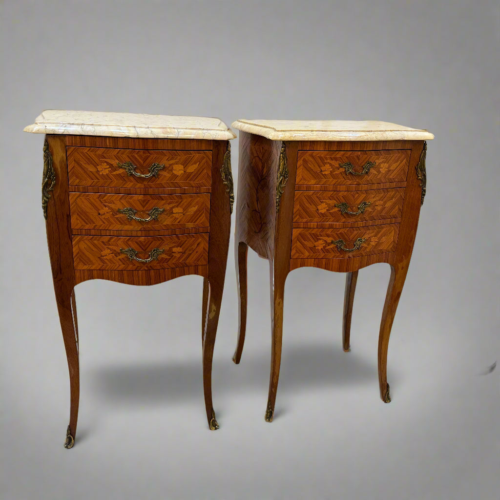 Medium pair of French kingwood ormolu bedside tables with drawers and marble top circa 1920