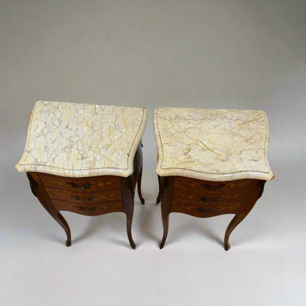Medium pair of French kingwood ormolu bedside tables with drawers and marble top circa 1920