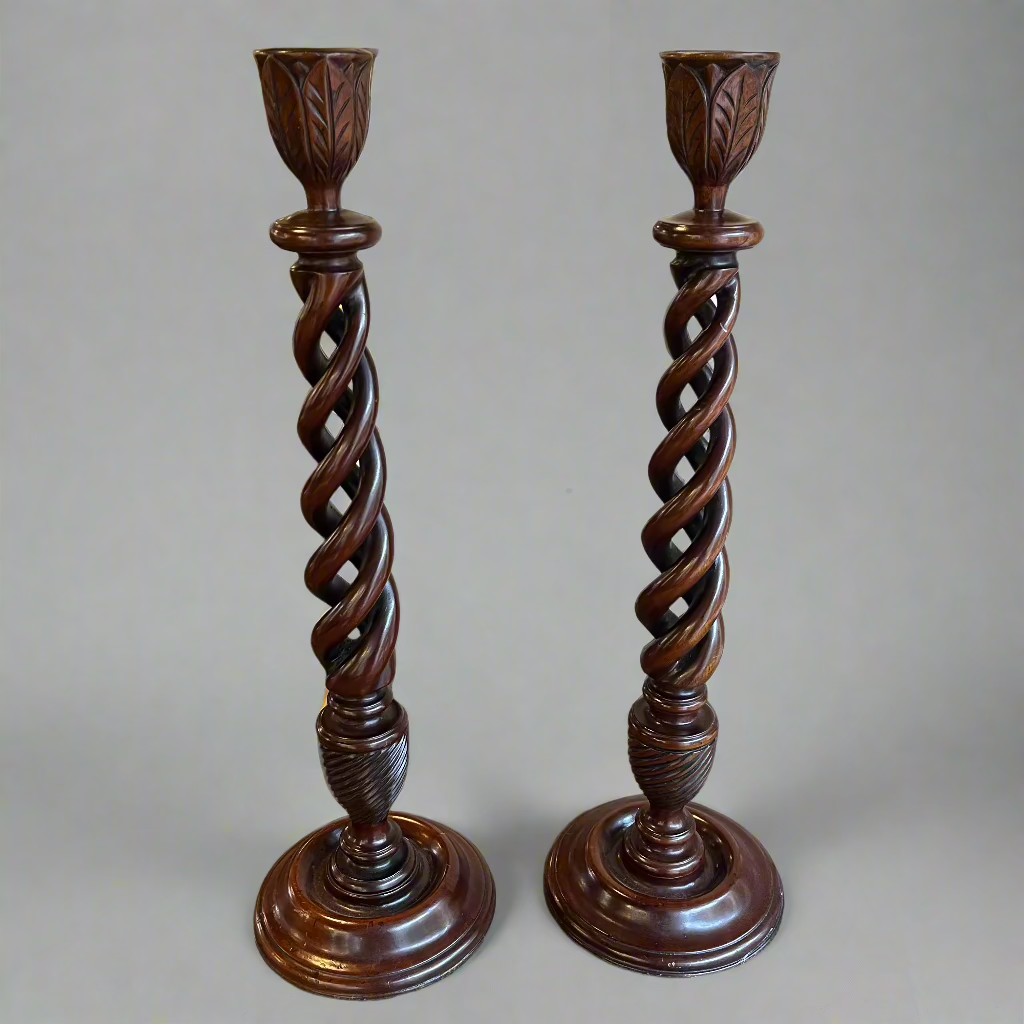 open twist wooden candlesticks