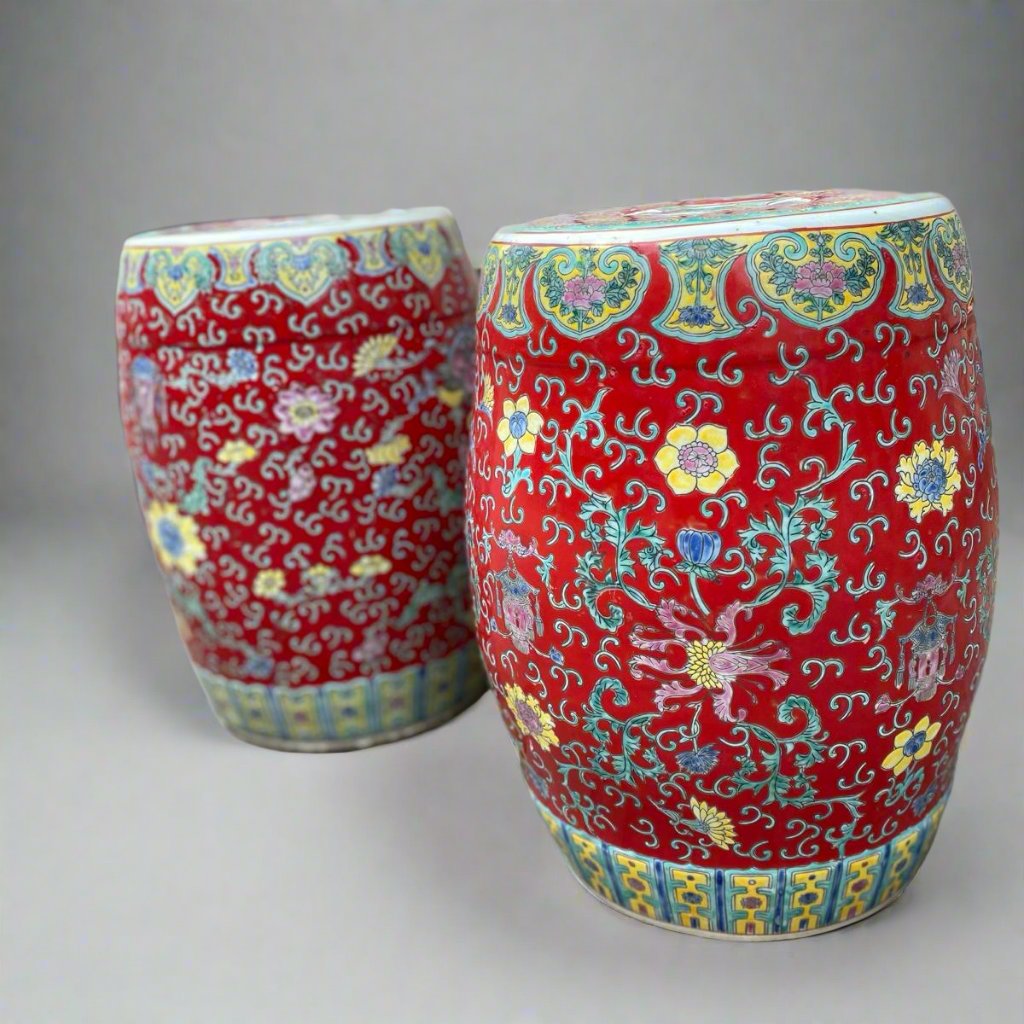 pair of pink chinese ceramic stools