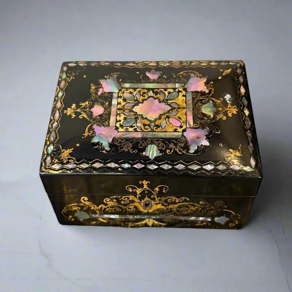 Classic stamped Jennens & Bettridge lacquered and inlaid stationery box circa 1870