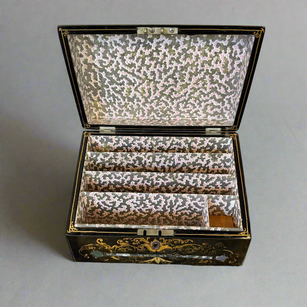 Classic stamped Jennens & Bettridge lacquered and inlaid stationery box circa 1870