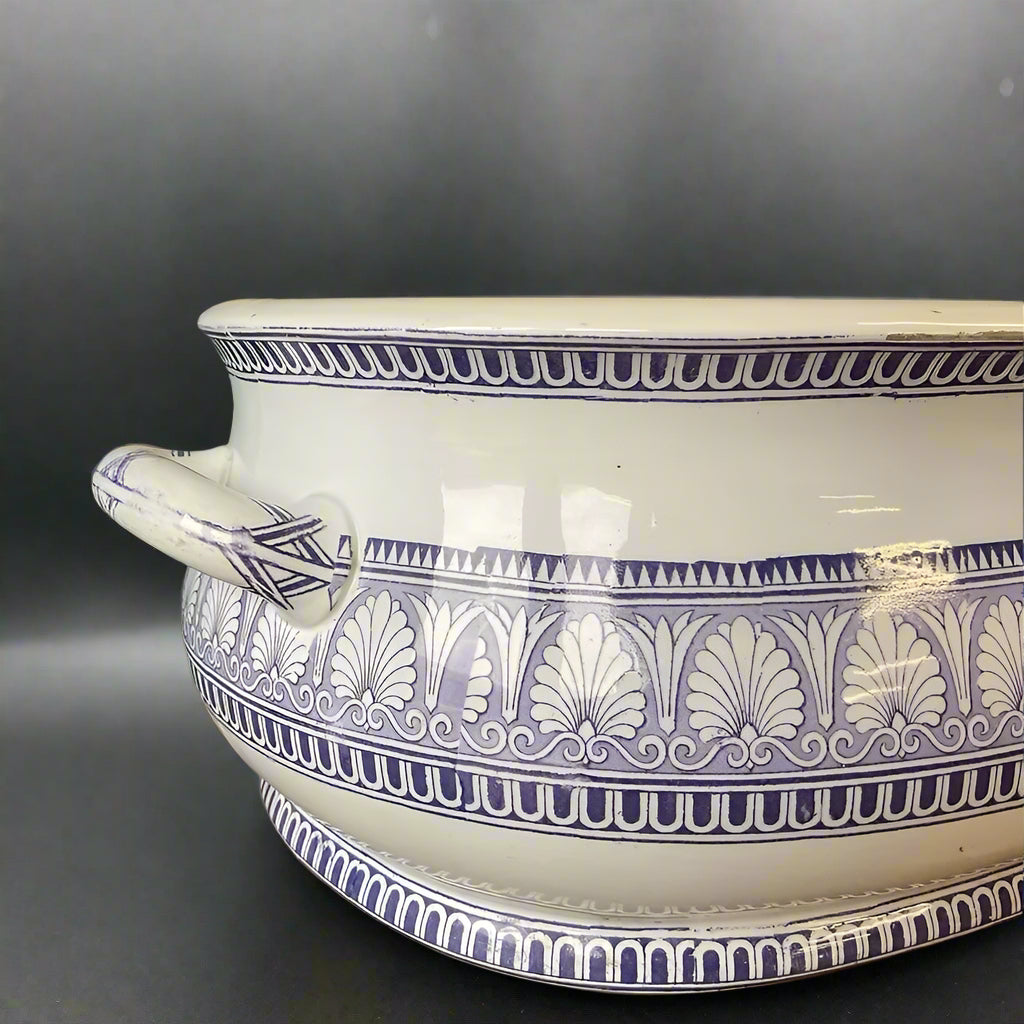 Victorian ironstone footbath / planter with blue transfer printed design retailed by The English Depot in Rue Drouot, Paris, France