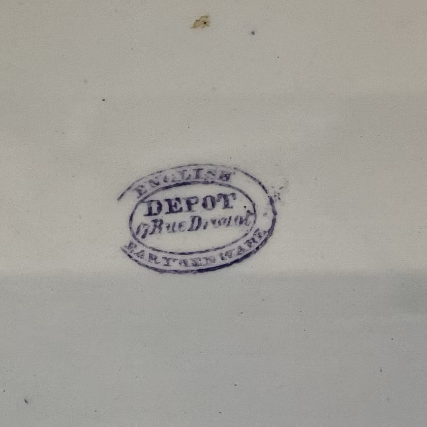 Victorian ironstone footbath / planter with blue transfer printed design retailed by The English Depot in Rue Drouot, Paris, France